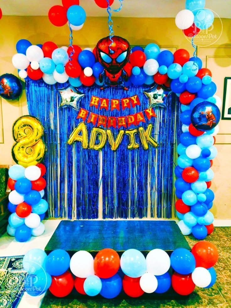 Superhero themed birthday balloon decoration set up by Dream Balloons